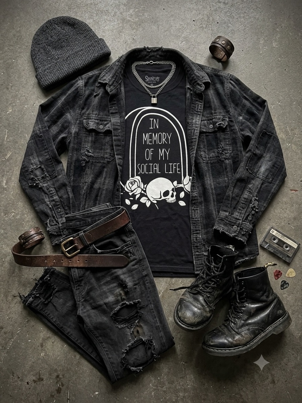 Graphic Tee with Memorial Skull Design in Black